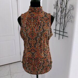 Michael Kors Sleeveless Stretch High Neck Paisley Print Blouse Black Gold Brown